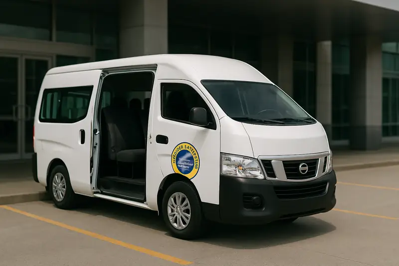Buseta con la puerta abierta, lista para un servicio de transporte especial